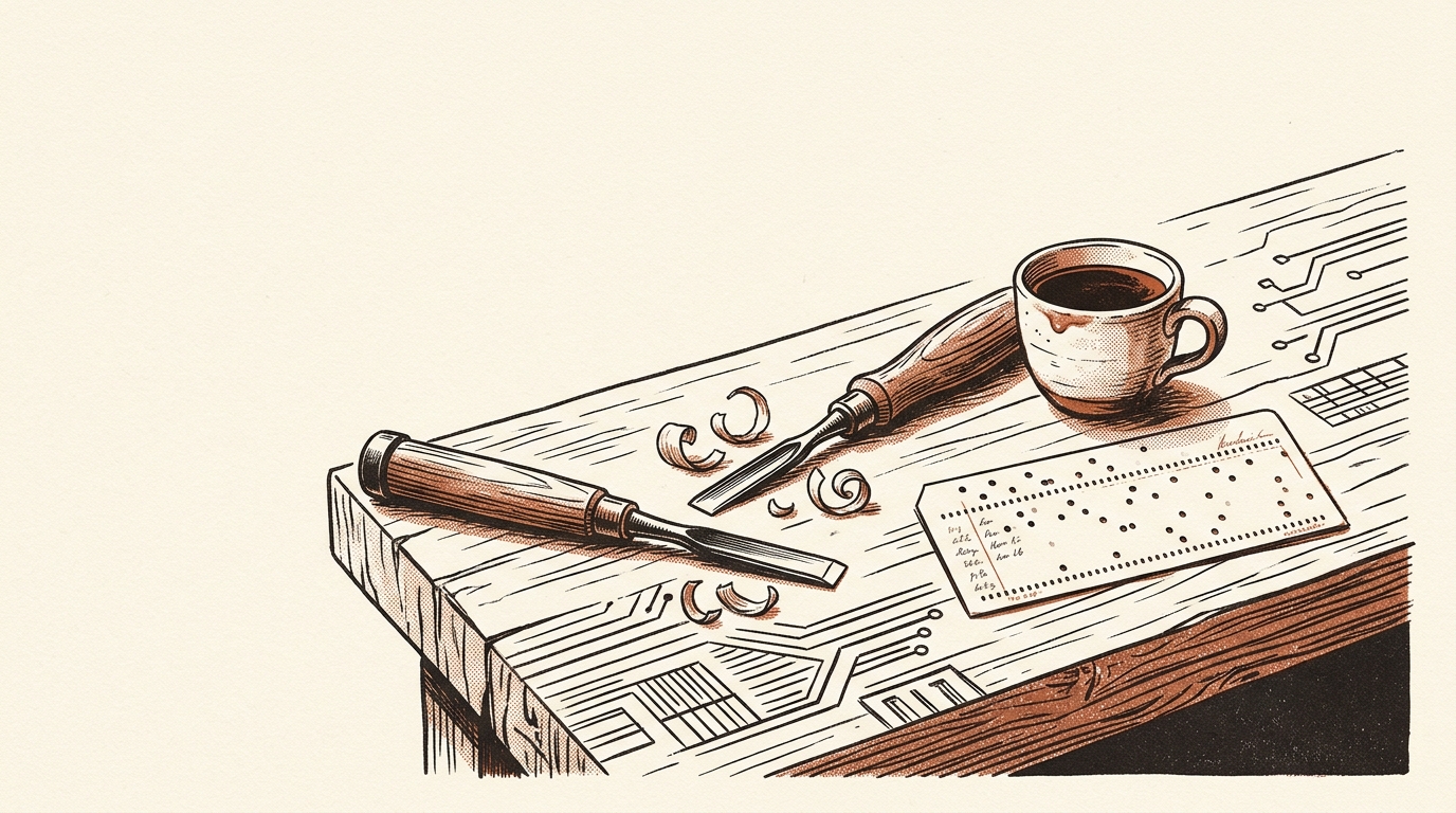 Woodworking tools and a ceramic mug resting alongside punched cards and circuit traces.